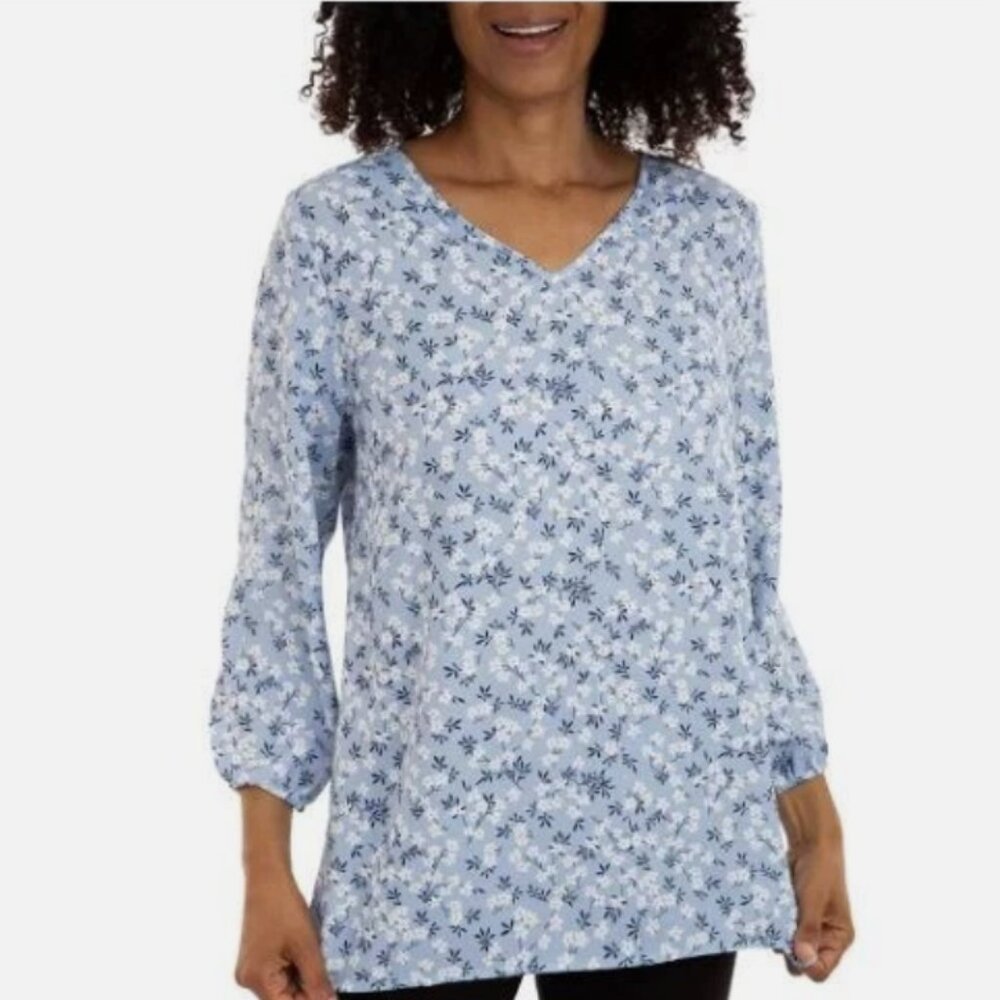 Mario Serrani Blouse size XXL Blue Ditsy Floral‎ V-neck 3/4 Sleeve Feminine
